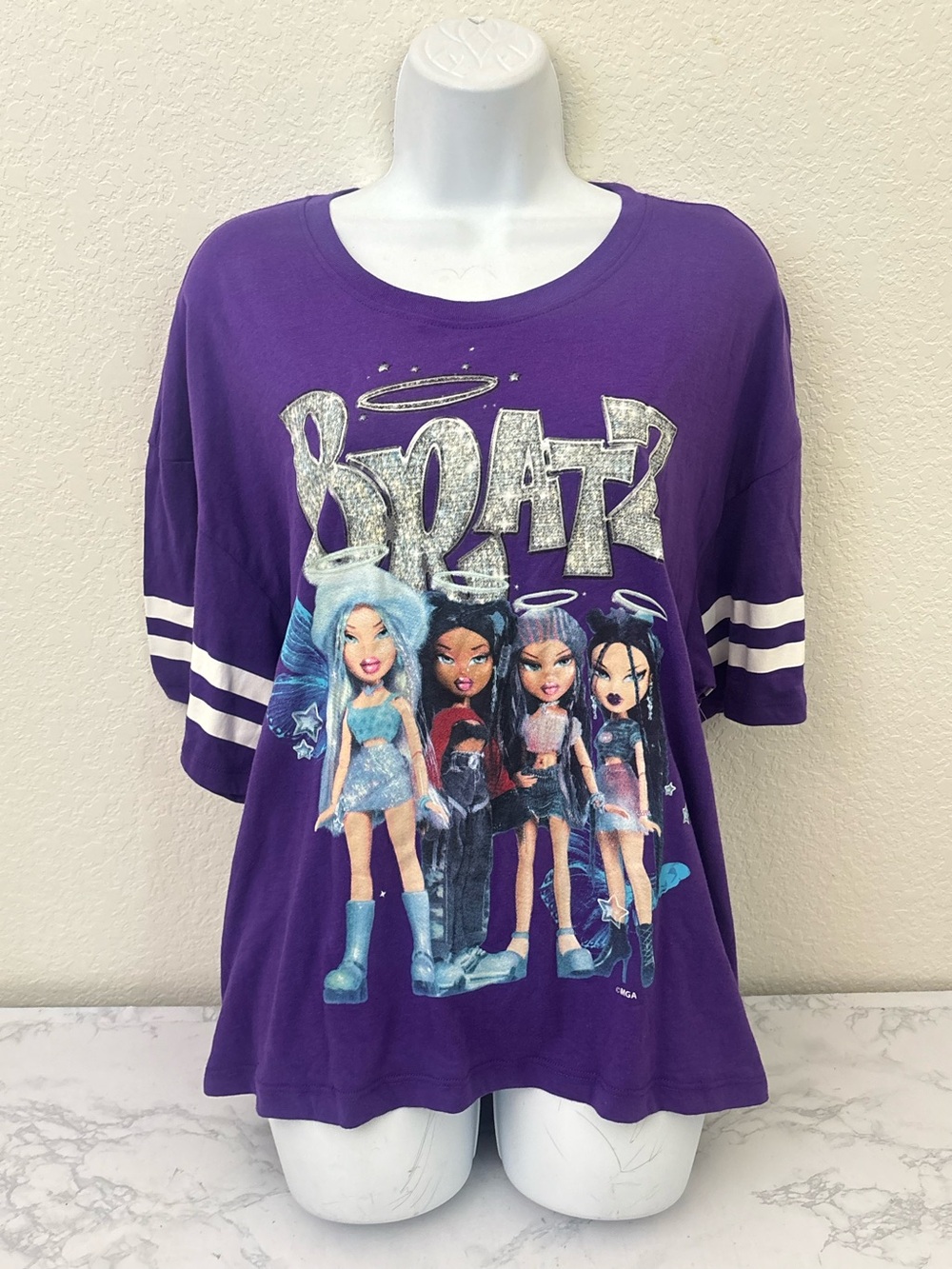 Bratz Graphic T-Shirt Women’s XL 3/4 Striped Sleeve Purple Pullover Top NWOT